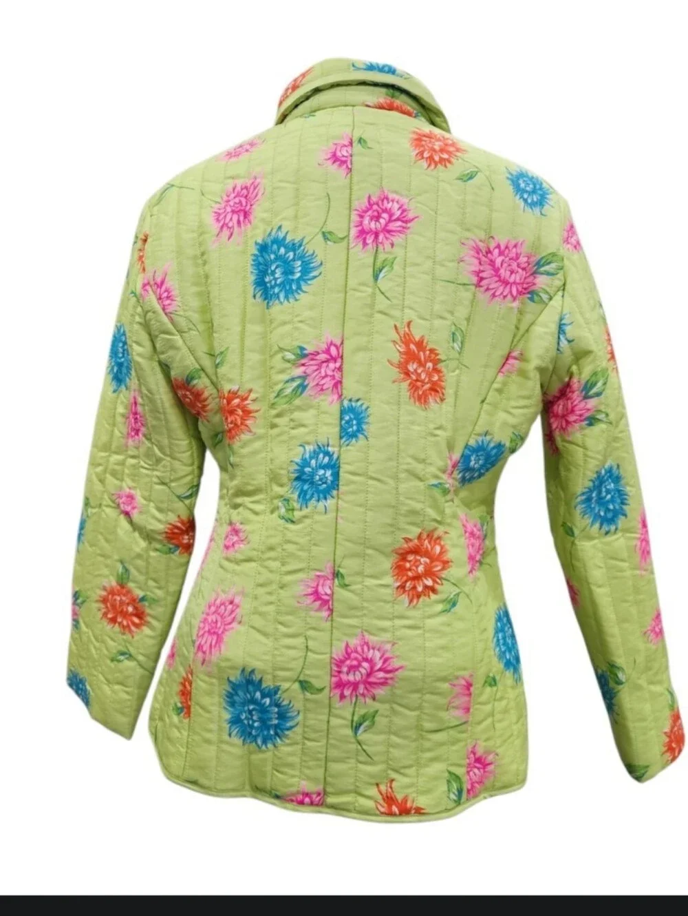 VTG Silkland 100% Silk Lime Green Floral Quilted Jacket Blazer Sz M Blue Pink
